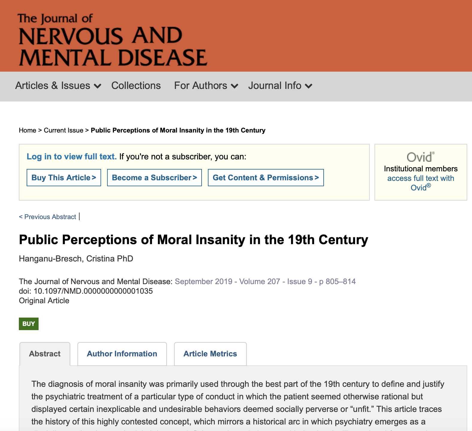 Public Perceptions of Moral Insanity in the 19th Century. Journal of Nervous and Mental Disease, September 2019.